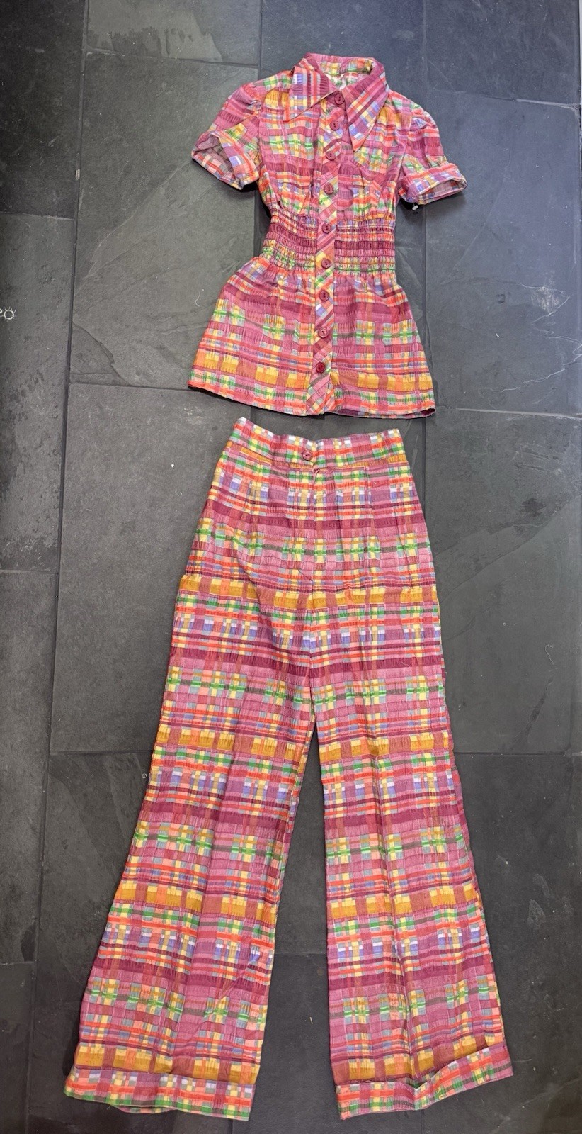 RARE Vintage 1970s Two Piece Set Bell Bottom And Top Bright Colorful Plaid SZ XS
