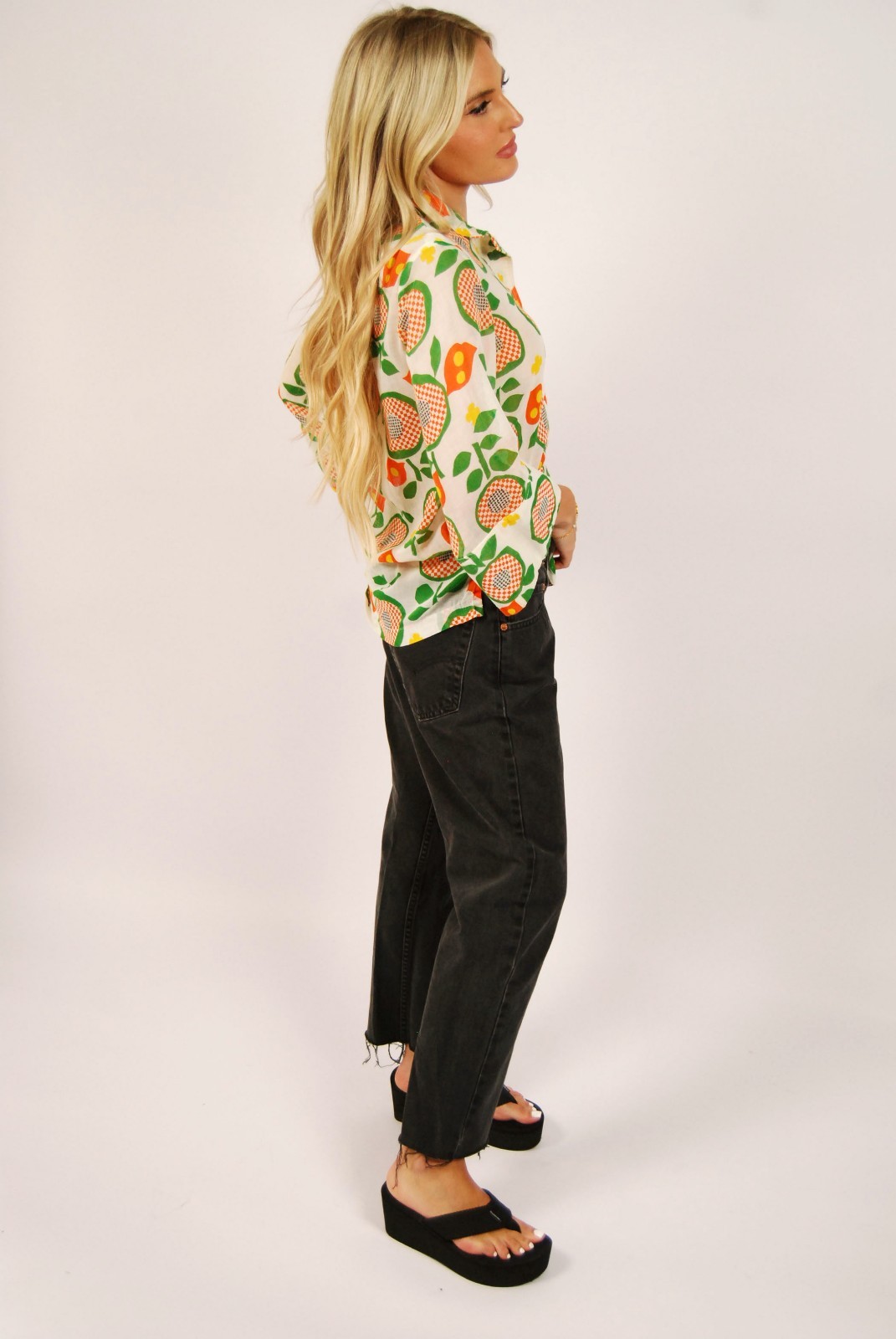 70s Fruit Print Blouse (M) David Smith medium green orange vintage womens top