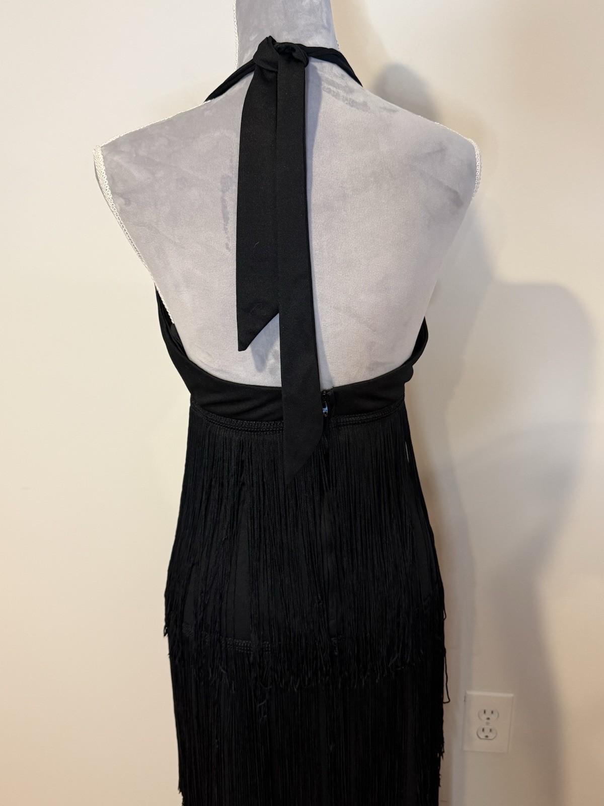 Vintage 70s Women’s Jack Hartley Black Flapper Halter Fringe Maxi Dress Size SM