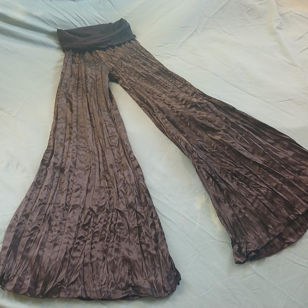 Vintage 80s black maxi pants with elastic waistband Wide Leg silky pleated