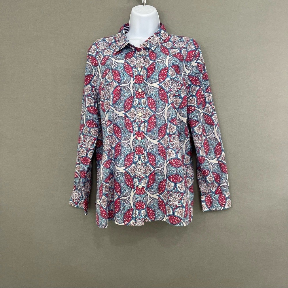 Talbots Shirt Womens XL Petite Blue Geometric Print Button Front Long Sleeve