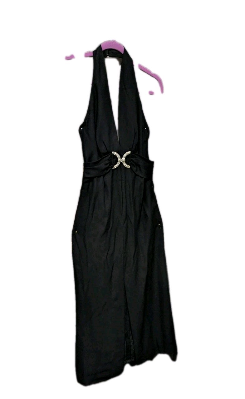 Vintage Black Crepe Marilyn Monroe Formal Evening Gown Rhinestones Halter Med