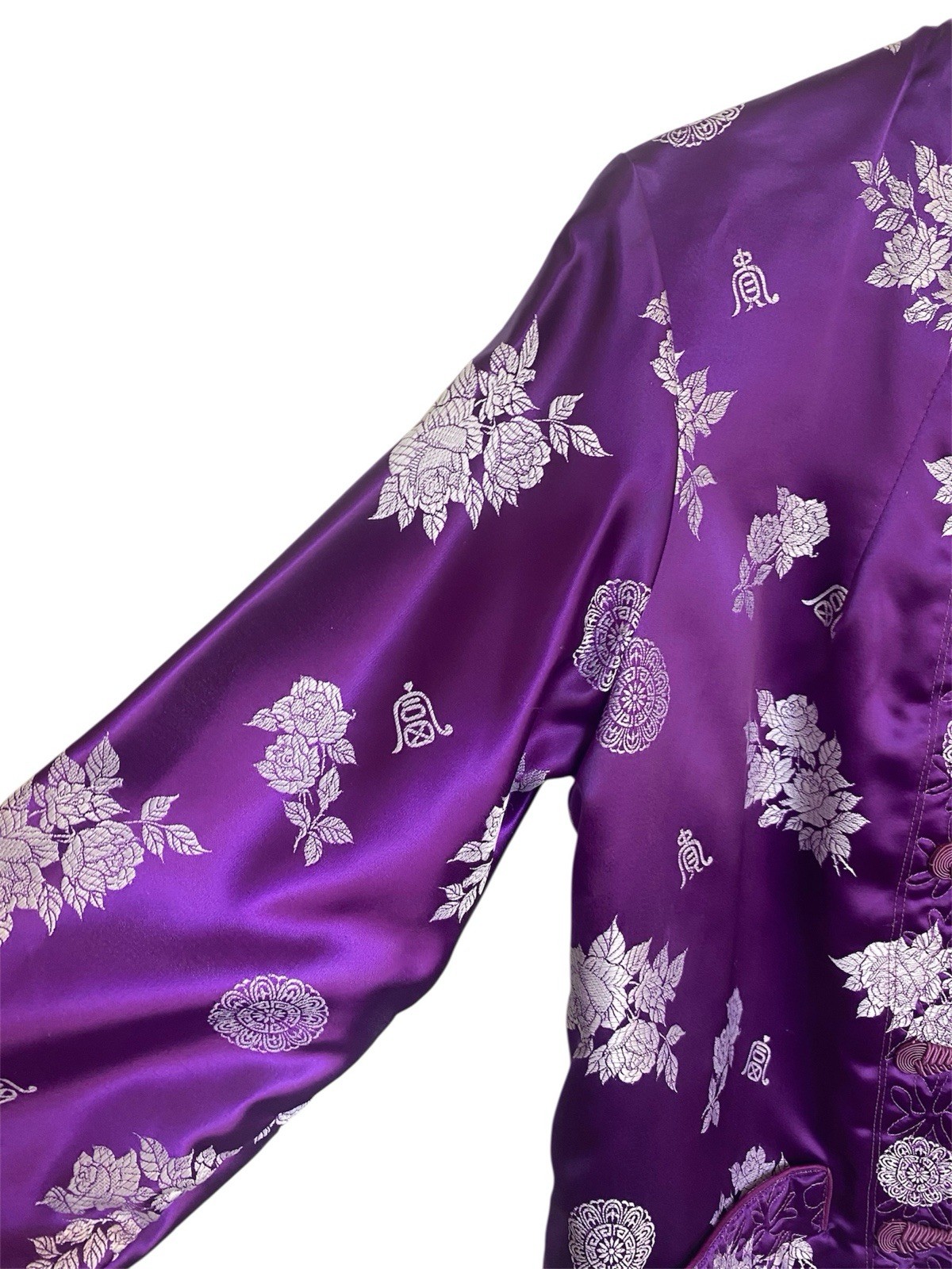 Vintage Chinese Purple Satin Brocade Jacket, Reversible/Floral Embroidery S/M