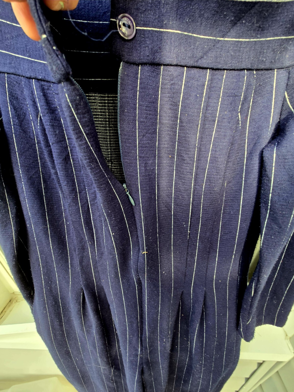 Vintage JRT By Newport News 90s Navy Blue Pinstripe Romper Off Shoulder One…