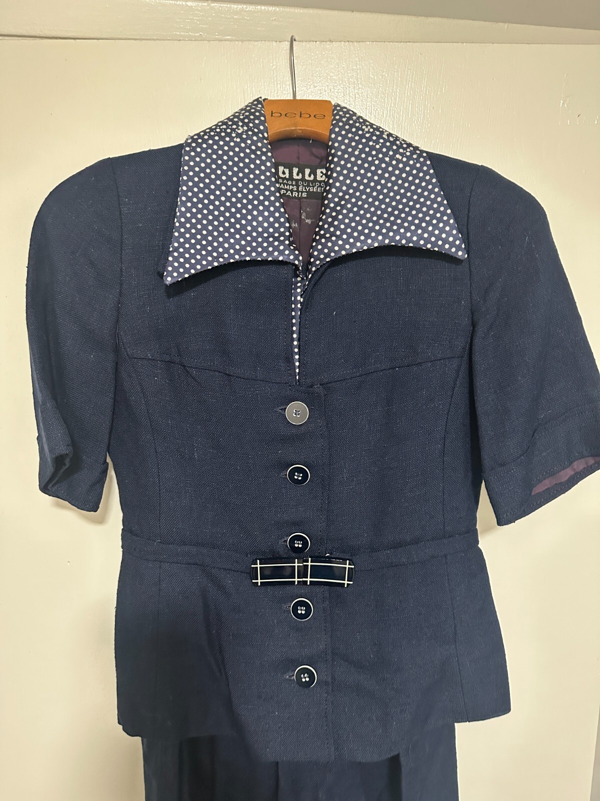 Vintage French Suit Skirt Blue Linen Button Front Belted Pleat Midi Dior Look XS