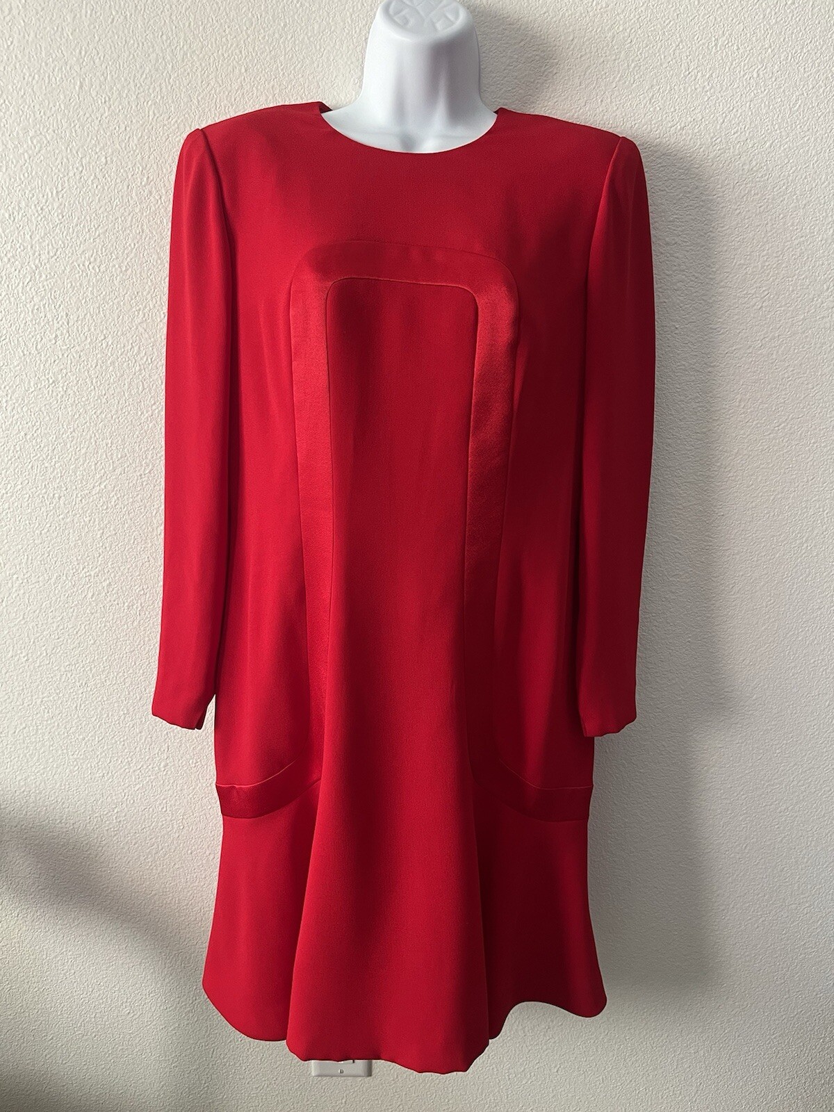 Vintage Travilla Womens Shift Dress 10 Red Long Sleeve Classic Cocktail