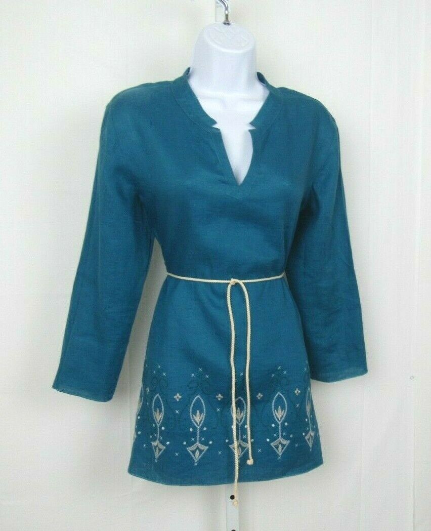 VTG 1980s DANA BUCHMAN TEAL EMBROIDERED LINEN SMOCK TOP & ROPE BELT SIZE 8