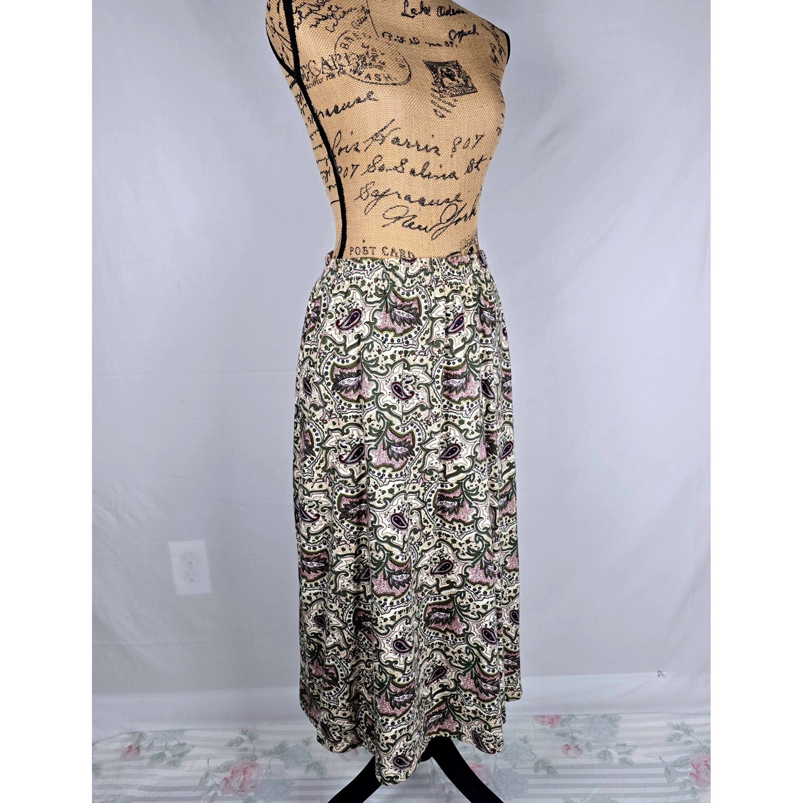 Vintage Van Heusen for Her Paisley Maxi Skirt Cotton Elastic Waist Green Large