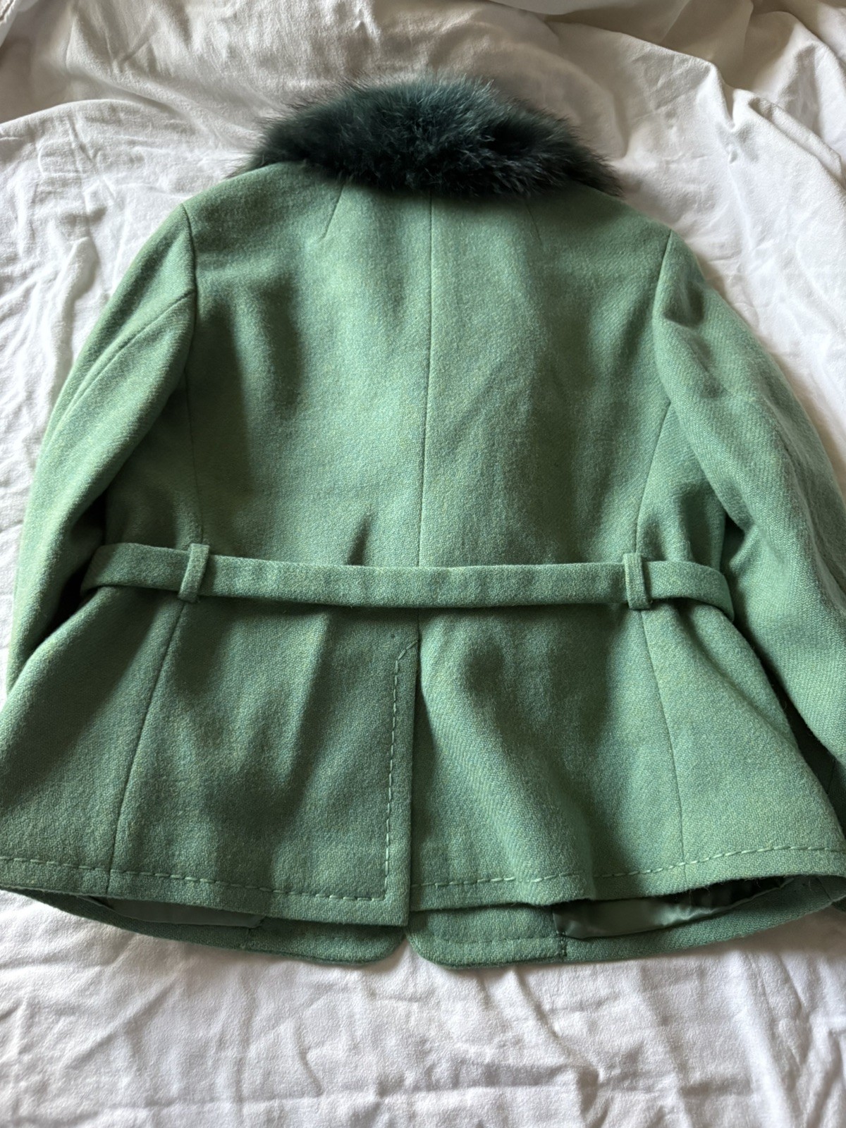 Vintage 1970s Canda Couture Pure Wool Skirt Suit Aqua Fur Collar Belted Sz 10/12