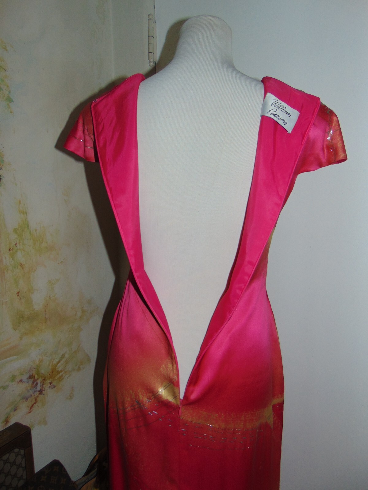 William Pearson Designer Vintage Dress Cheongsam Slit Rose Pink Gold Silver sz 6