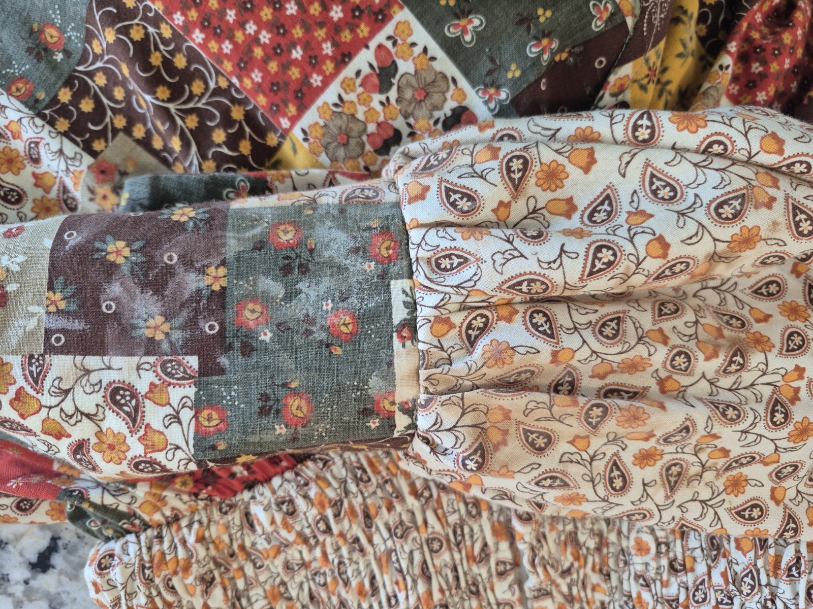 Prairie Denise Patchwork Print Long Maxi Dress Fall Cottage Elastic Stretch Read
