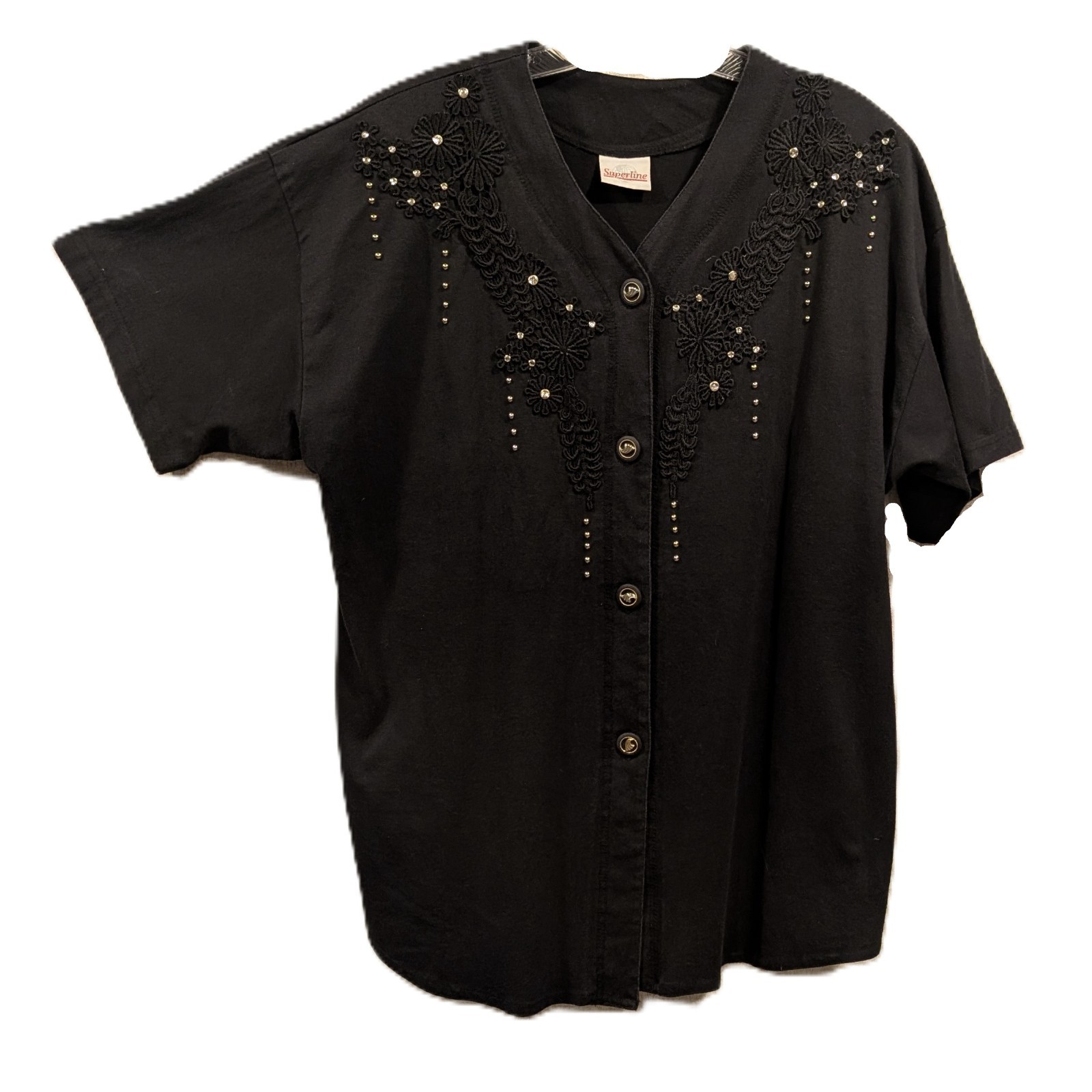 Vintage Superline Button Down Shirt 1990’s Black Embellished Top Size L
