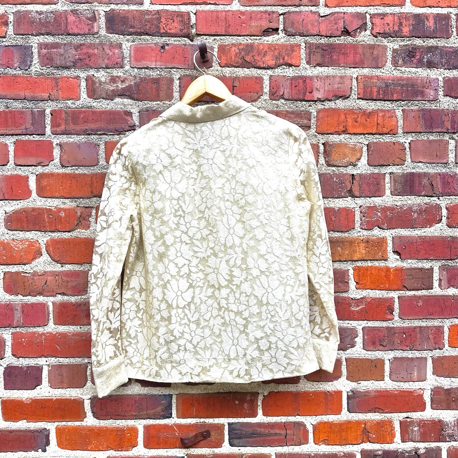 Vintage Malbe Original Lace Blouse Cream Gold Metallic Accent Sz 11 12 RN 10609