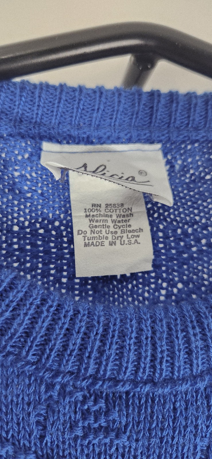 Vintage Cobalt Blue Knit Floral Sweater Alicia Cotton SZ SM