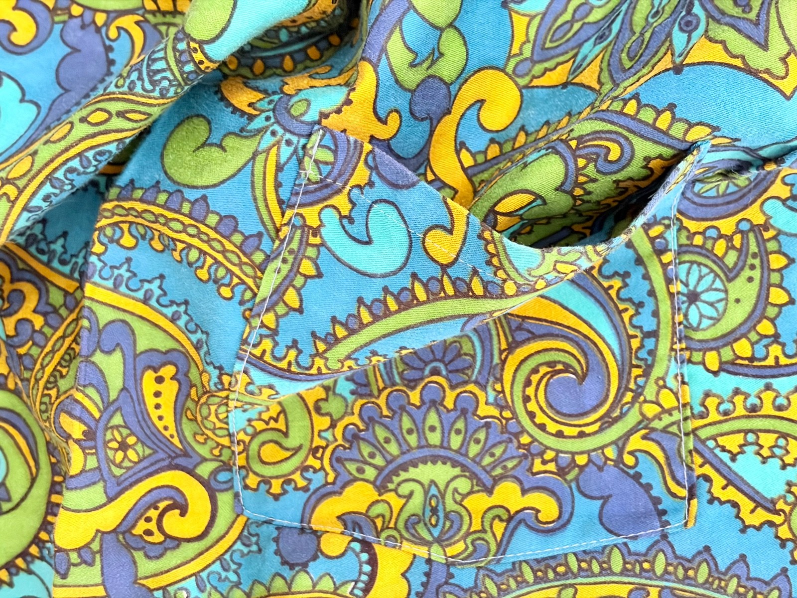 Vintage Womens Paisley Smock Top Blue Green Psychedelic Hippie Boho 60s 70s