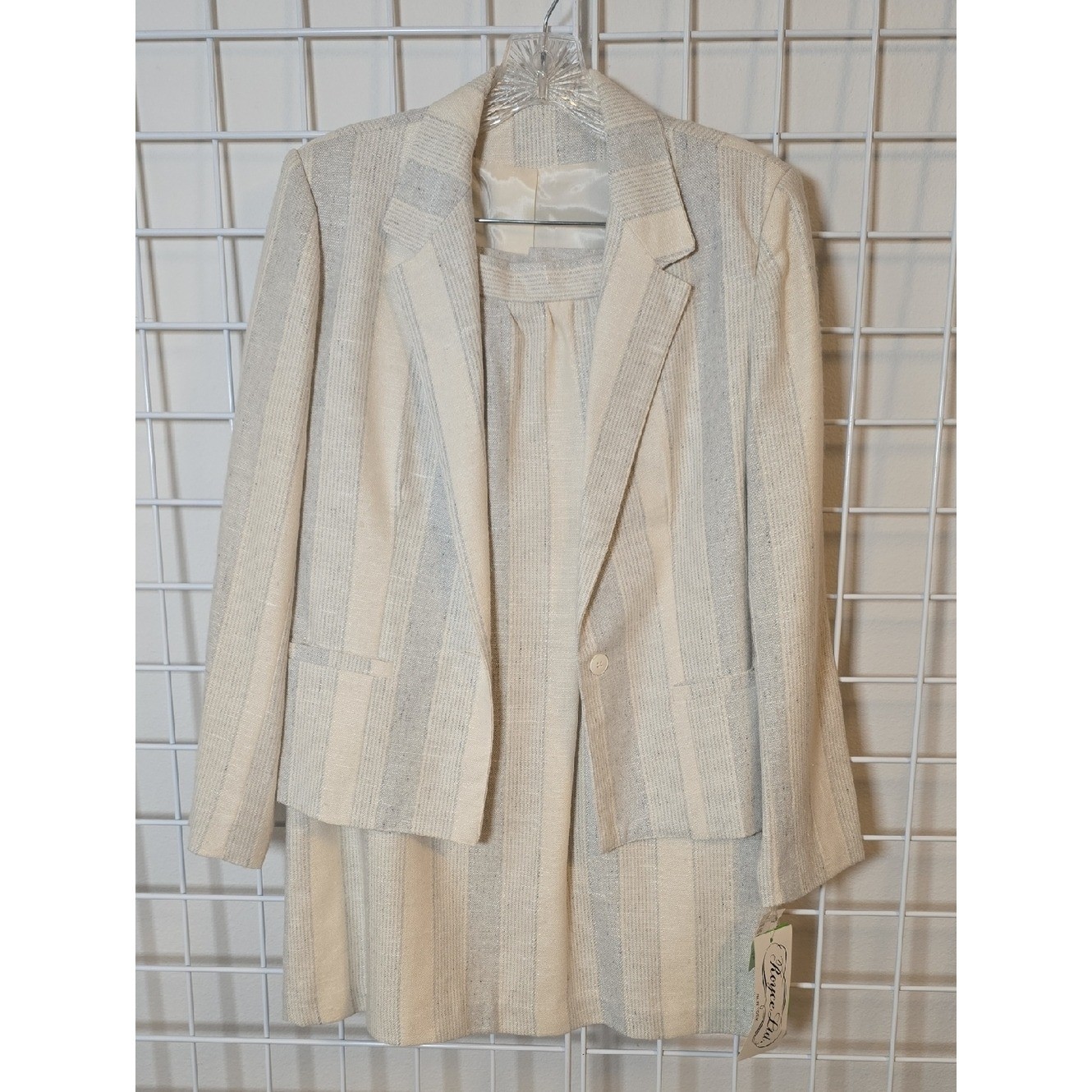 ROYCE LTD NY Vintage Cream and Light Gray Blue Striped Skirt Suit Set 10 NWT