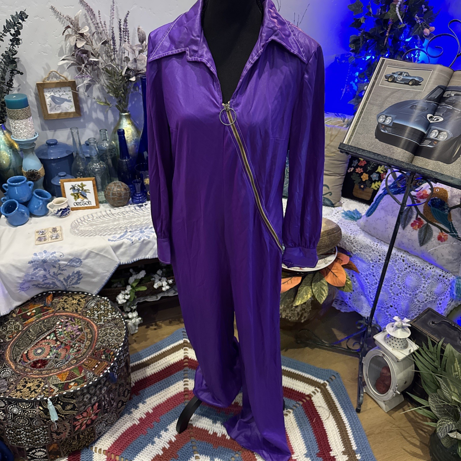 Eve Le Coq Vintage Disco Pantsuit Jumpsuit Shiny Purple Wide Leg 60s 70s UNIQUE