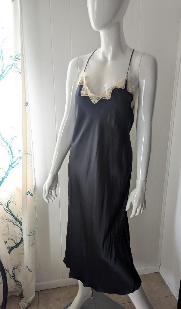 Donna Karan Intimates Black Silk Chemise With Lace Strappy Medium 1990s