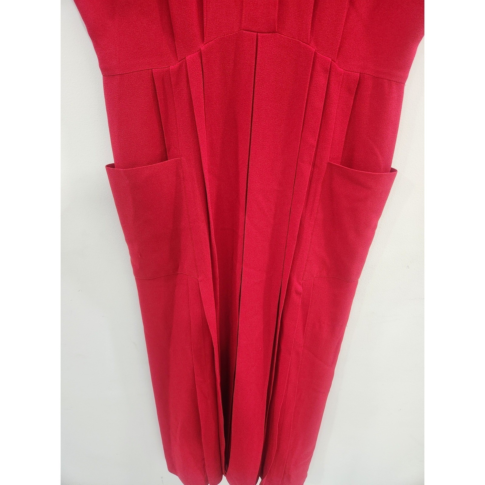 Norma Kamali Vintage Red Pleated V-Neck Midi Dress with Pockets Size 42 US 10