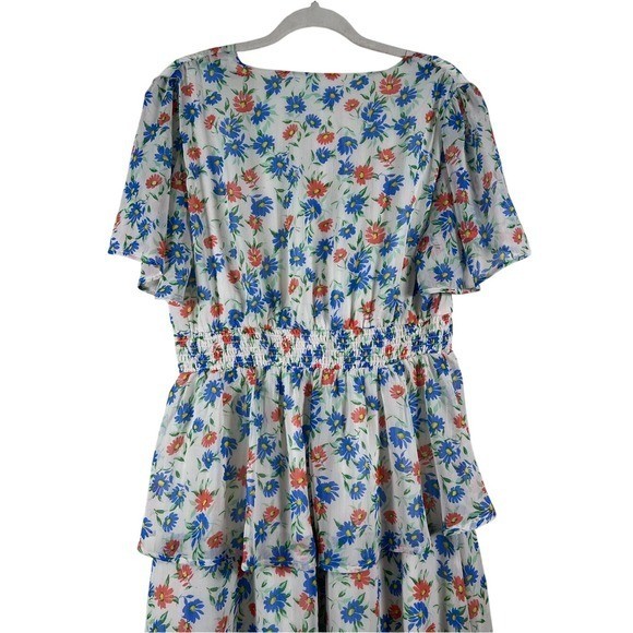 Draper James RSVP Floral Smocked Tiered Maxi Dress Ivory Blue Orange Large VGUC
