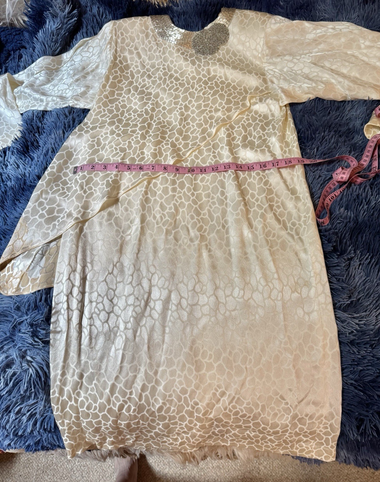 Vtg A J Bari Isaacson’s Ivory Off White Leopard Beaded Neckline Shoulder Dress