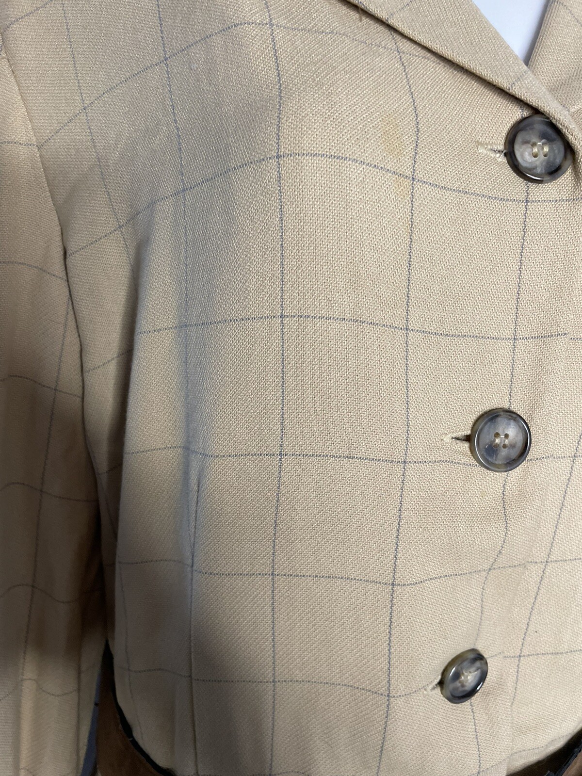 Vtg 80s Robert Riel Collection Coat Dress M-L? Beige Windowpane Faux Suede Trim