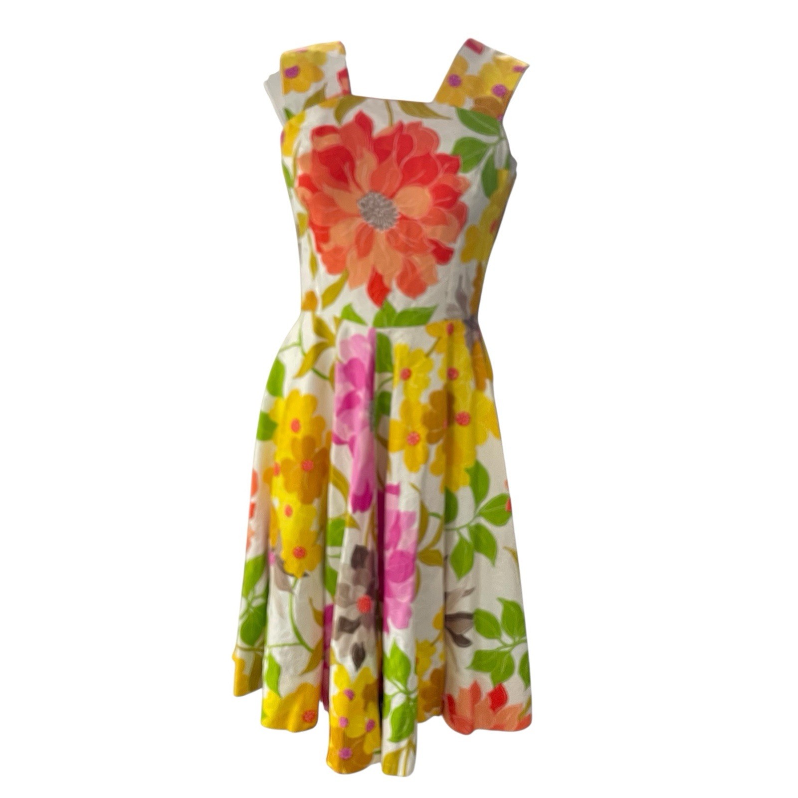 Vintage Swing Dress Homemade 6 Bright Floral Pink Green Purple Orange Sleeveless