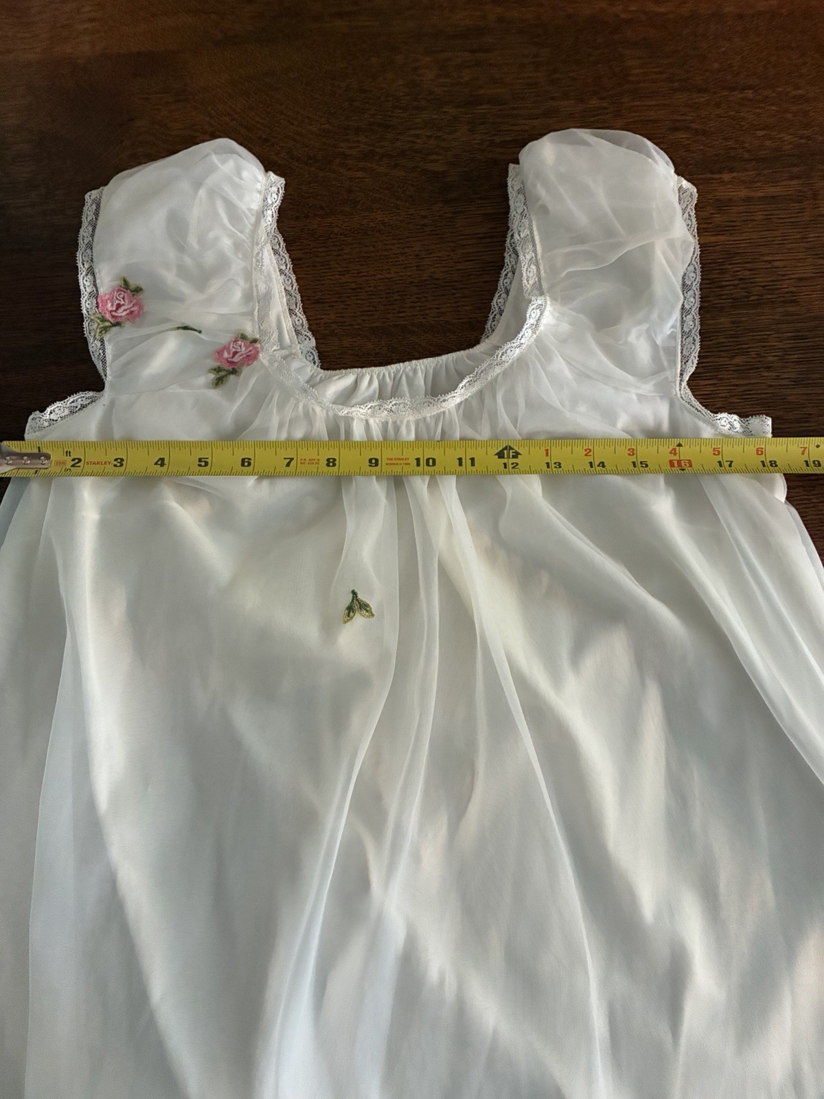 Vintage White Laros Nylon Nightgown Flower Appliqués Size Med Cut # 125