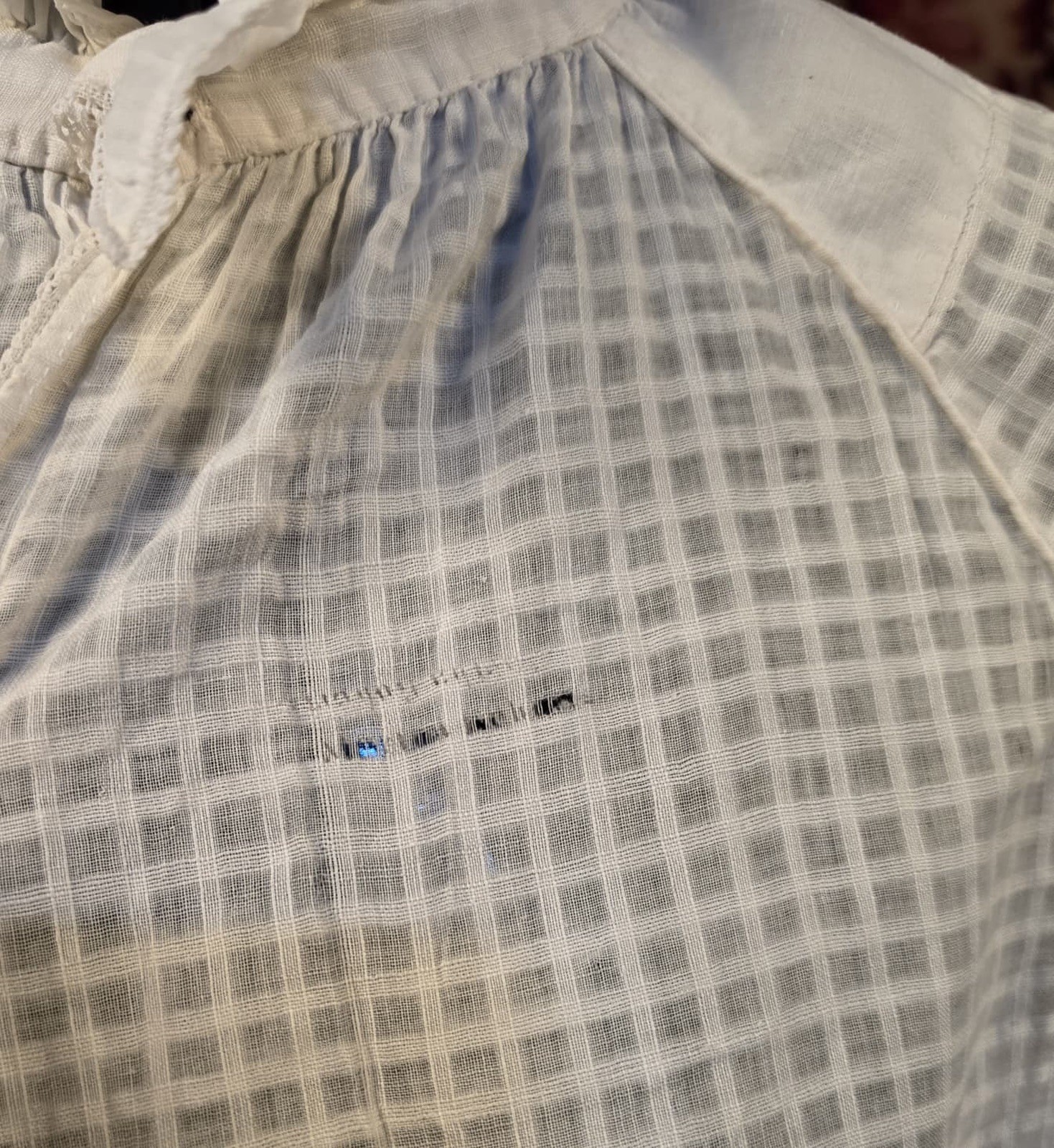 HAND SEWN 1830’S WHITE WINDOWPANE WEAVE COTTON SAC JACKET TOP W SIGNATURE