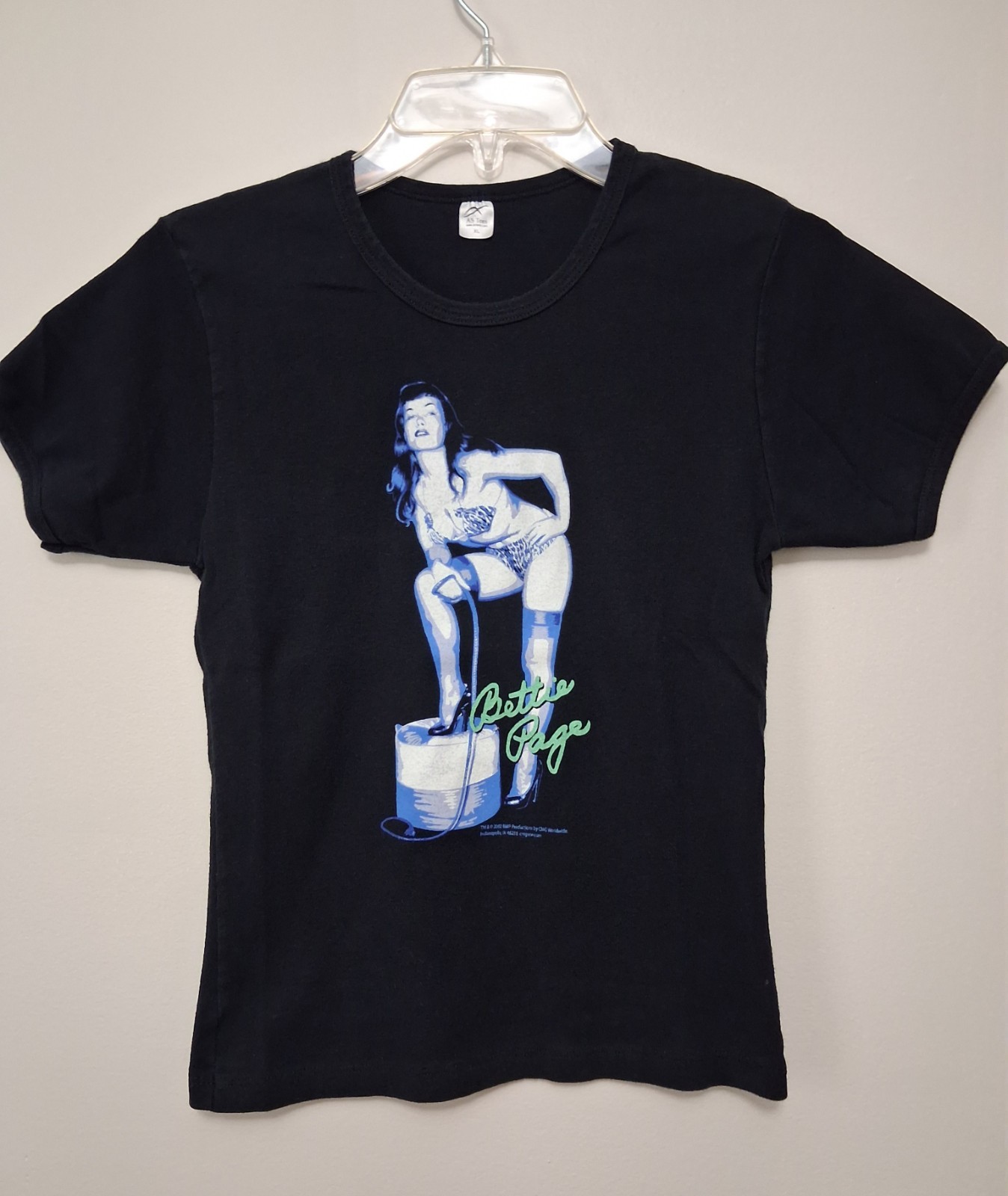 VTG 2002 Bettie Page Pin Up Baby Doll Tee Shirt Black Blue Graphic XL Y2K