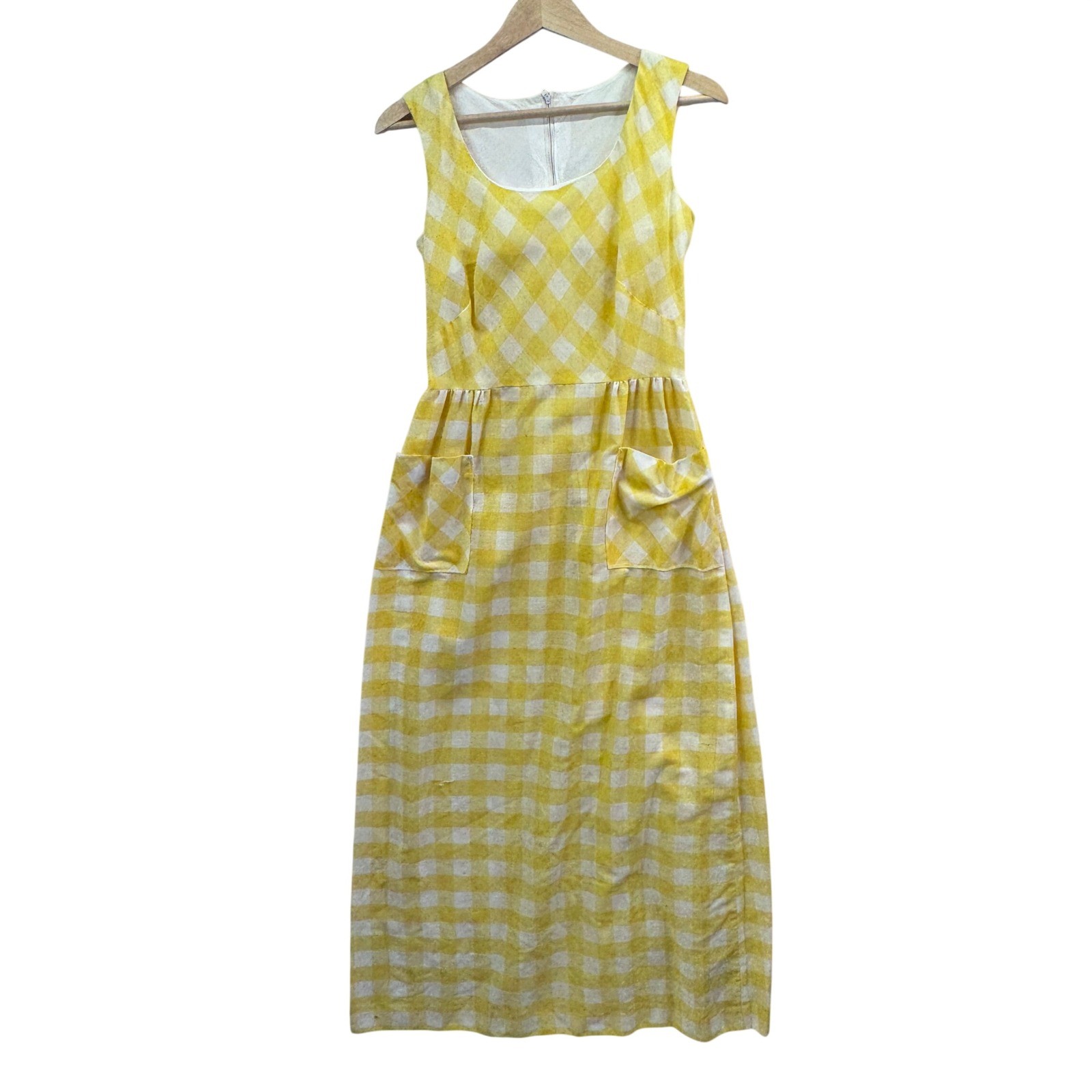 Vintage Gingham Maxi Dress Size 9-10 Yellow Plaid Sleeveless Cottagecore Retro