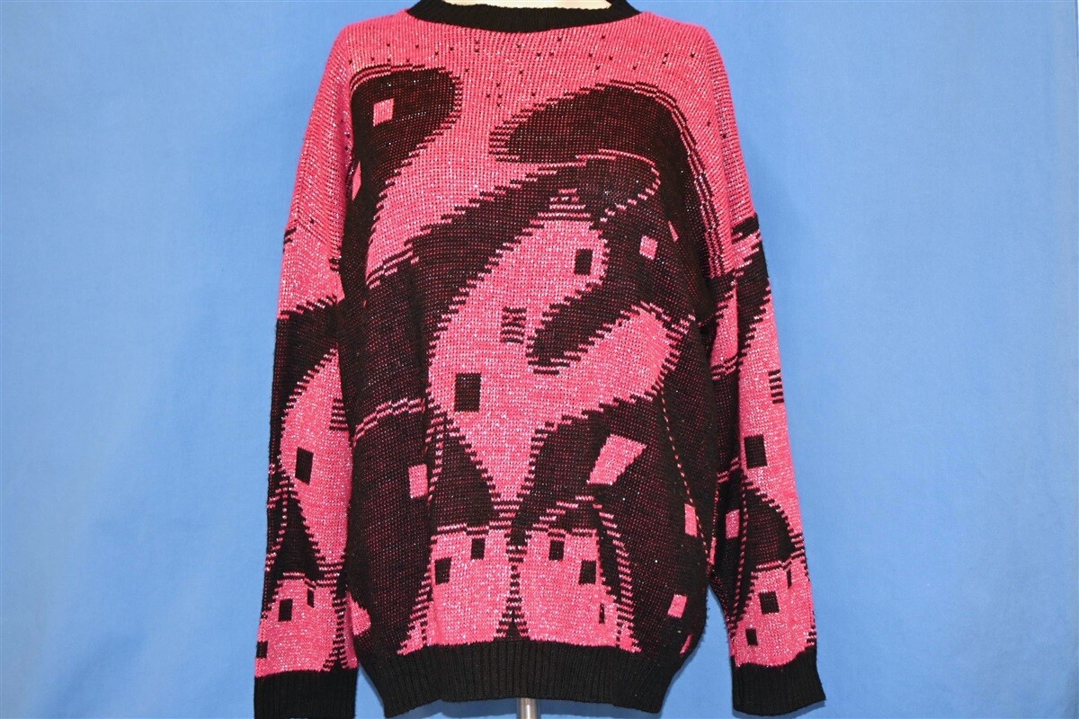 vintage 80s HOT PINK BLACK GLITTER SPARKLY ABSTRACT GEOMETRIC SWEATER WOMEN’S L