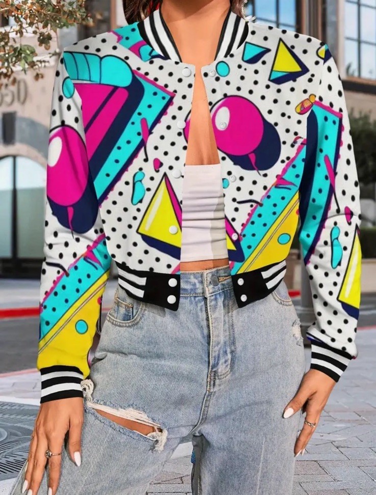 Woman’s Retro Baseball Jacket 80’s, 90’s Vibrant Colors Size Medium Cropped
