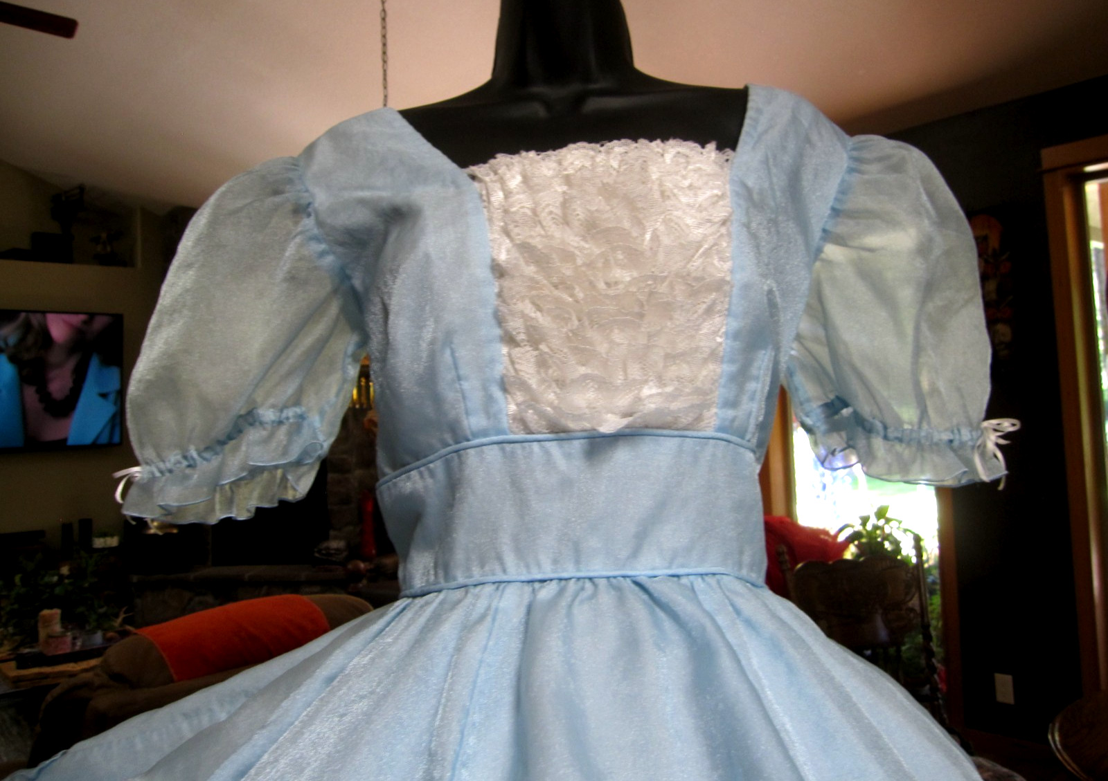 Vtg SQUARE DANCE PRAIRIE DRESS Blue Organza Ruffles Rows of White Lace Sz 12/14