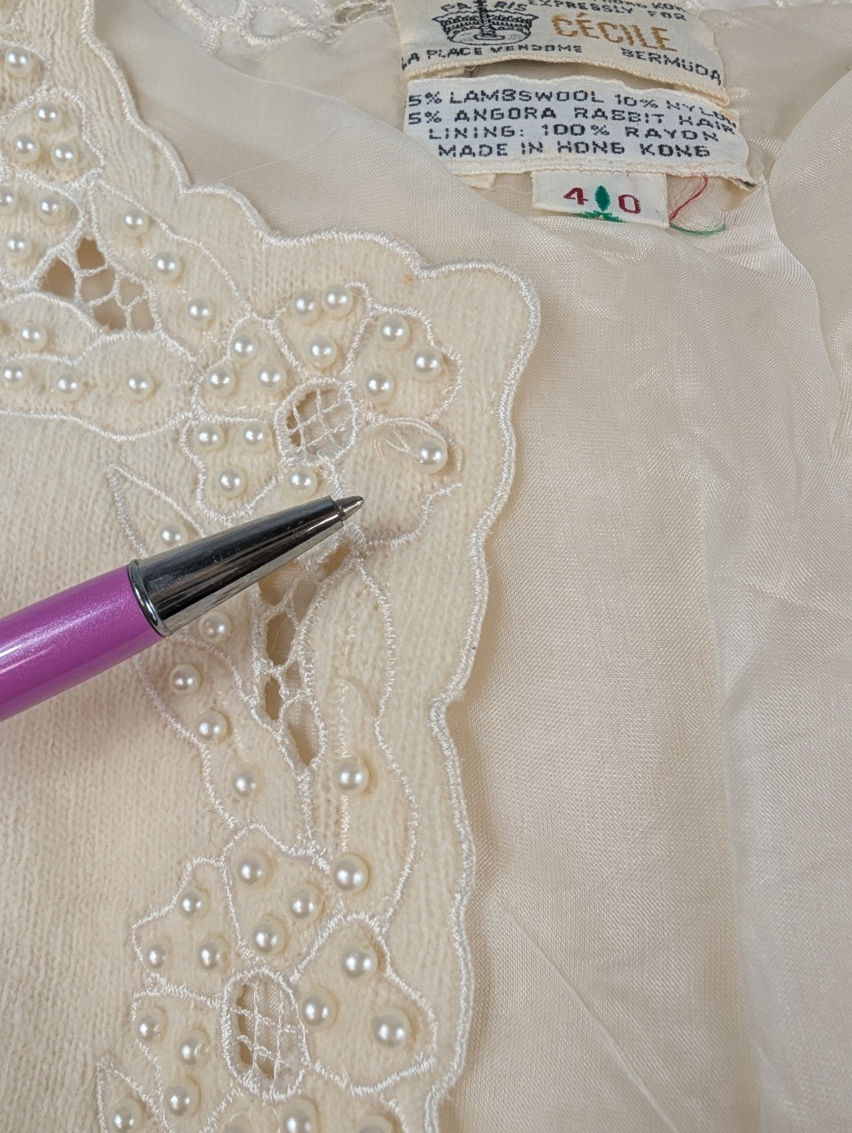 VTG 1950’s Hand Beaded Lined Lambs Wool Angora Cardigan Sweater M Delicate Girly