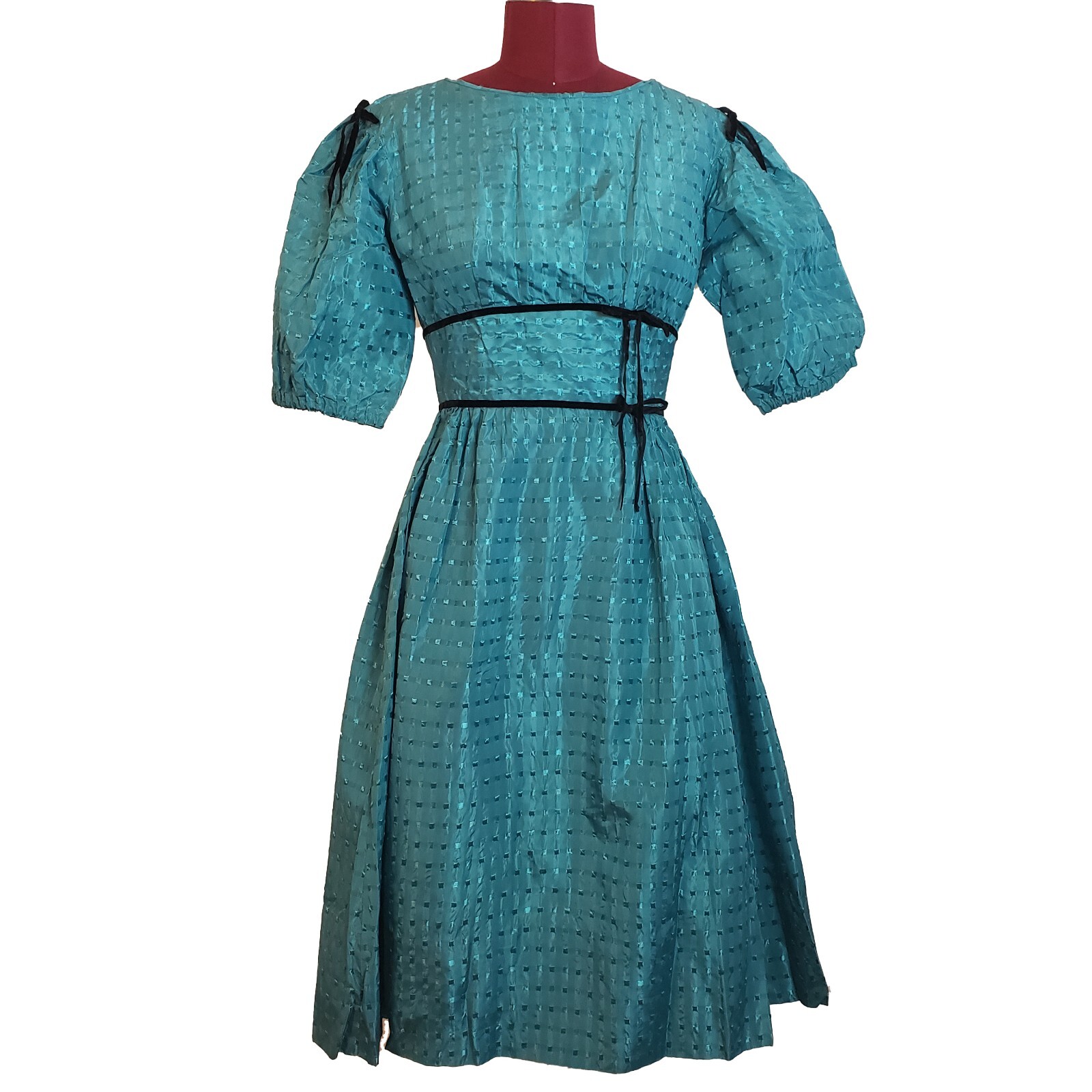 Vintage 50s Dress Teal Taffeta Crew Neck A Line Puff Sleeves Black Trim XSmall