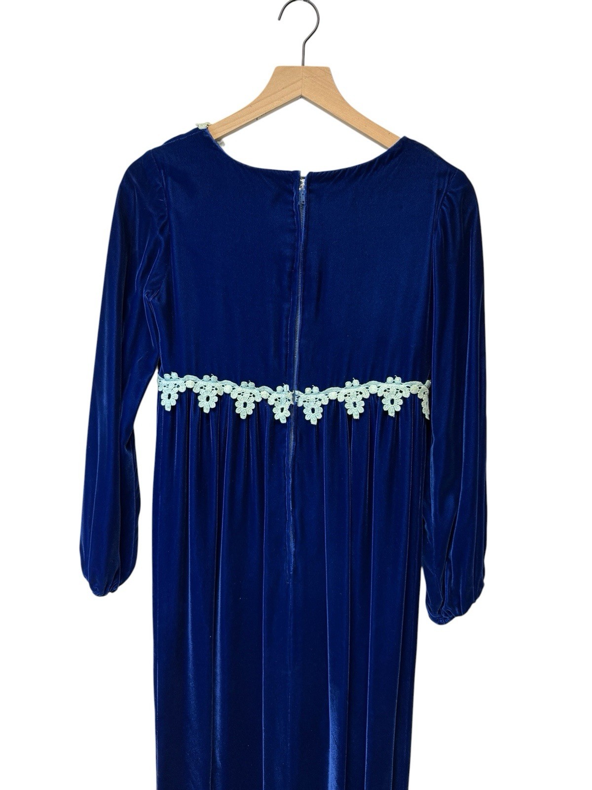 Vintage 70s Victorian Prairie Revival Sapphire Blue Velvet Long Sleeve Maxi 10