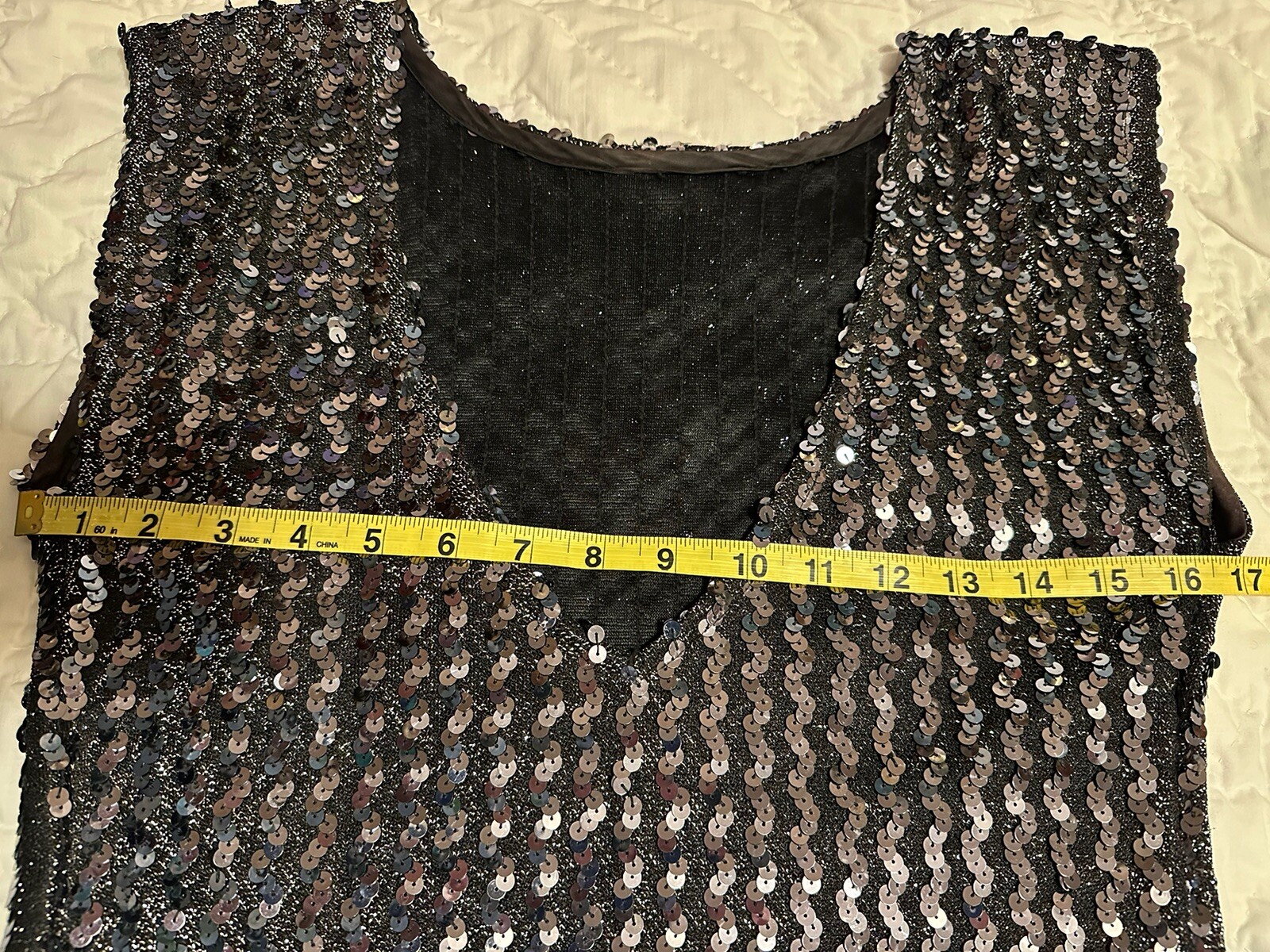 VTG Silver Sequined Disco Mini Party Dress Diamond Run Low Back Cap Sleeve EUC