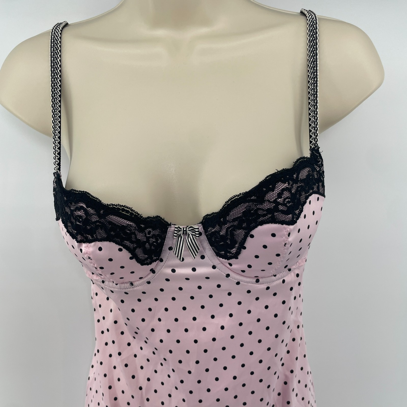 VTG Victorias Secret Y2K Milkmaid Cami Pink Black Polka Dot Lace Trim 34B Pin Up