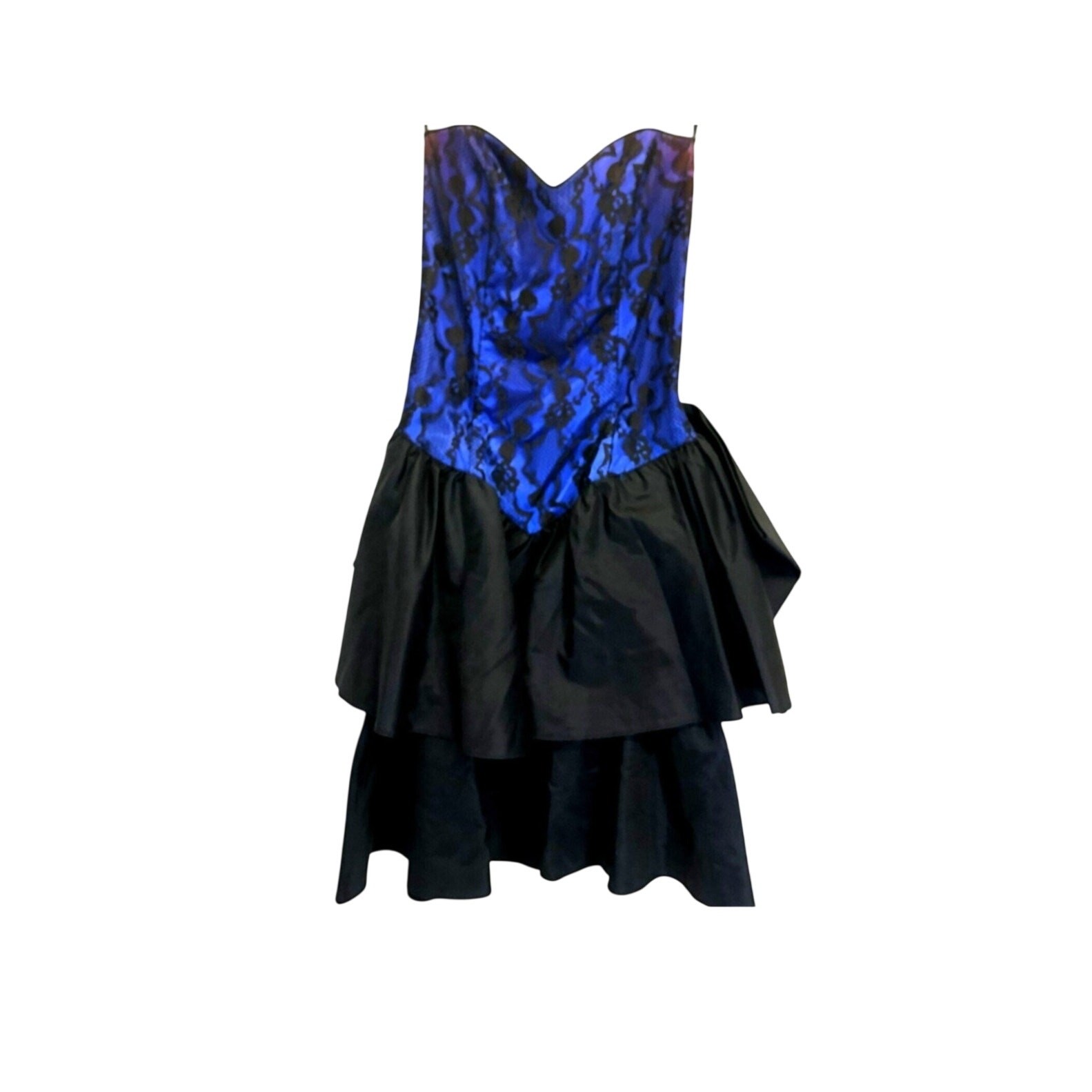 Lace Party Dress Royal Blue Black Drop Waist Strapless Bow Back Gunne Sax Size 5