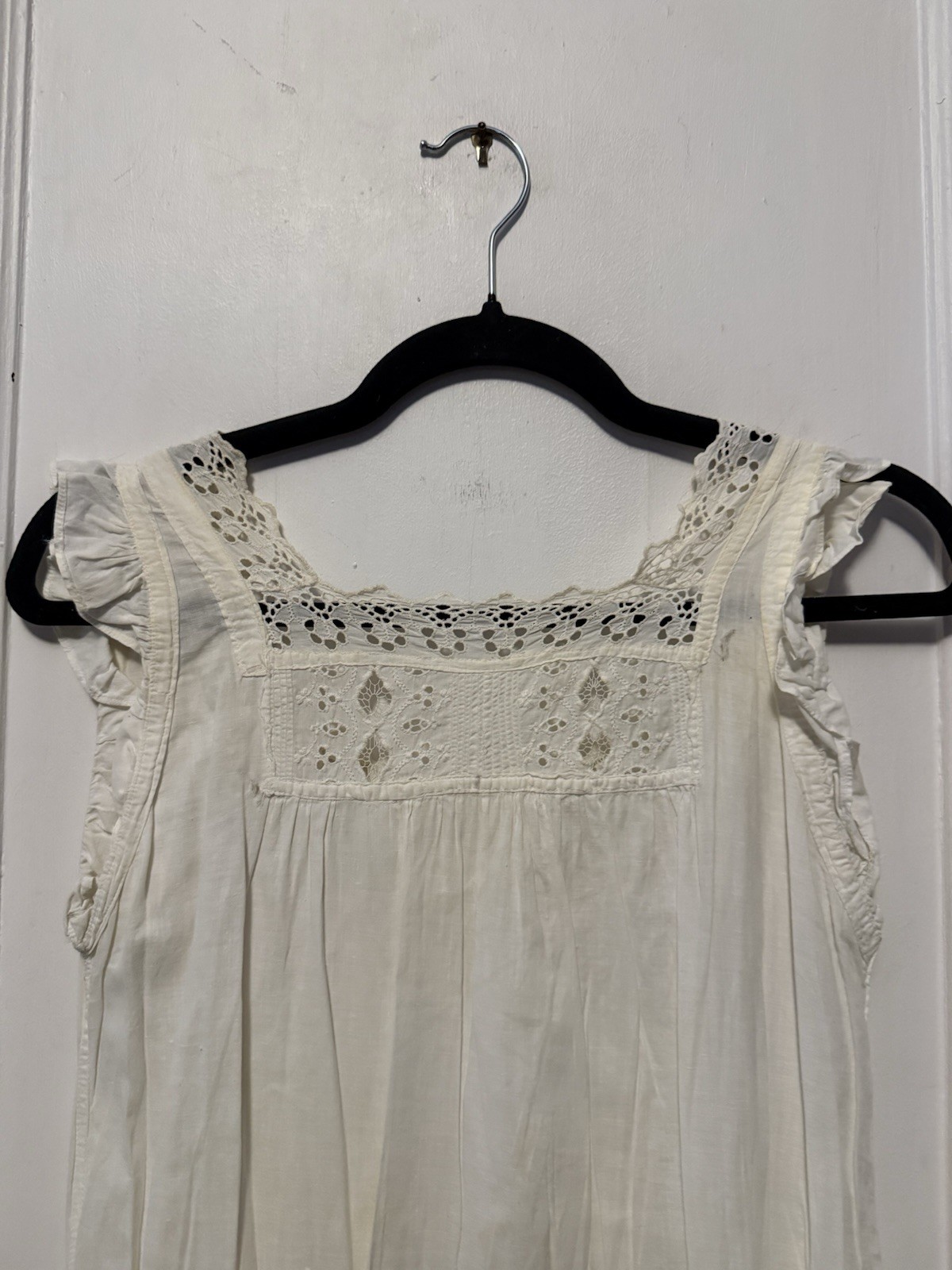 Antique 1910s Edwardian White Cotton Chemise Nightshirt Floral Embroidery Eyelet