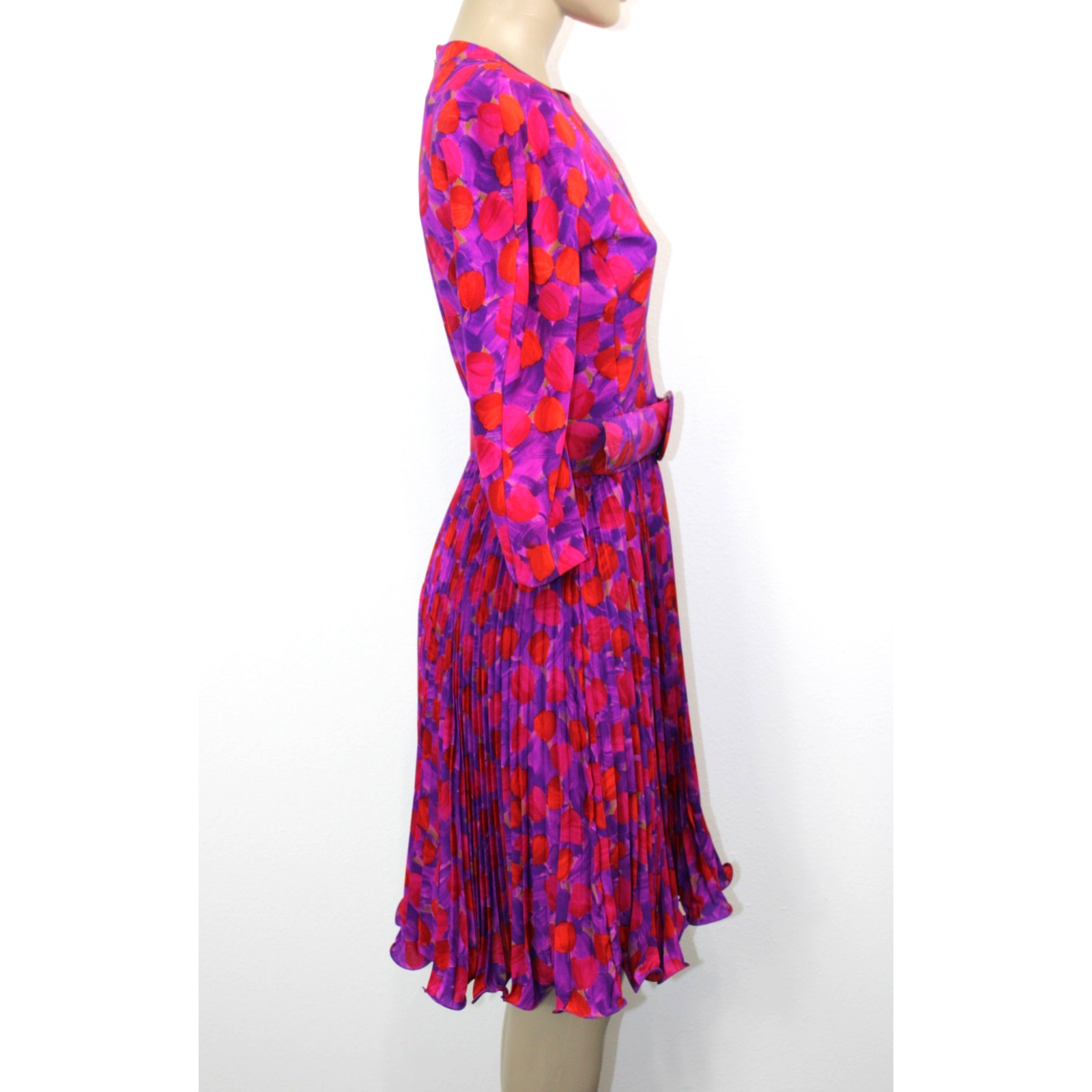Vintage 80s Arnold Scaasi Floral Pleated Belted Silk Lined Dress Size 6