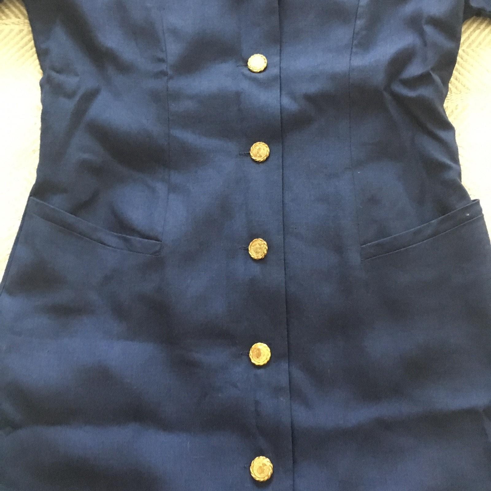 Navy Linen Dress Vintage Starington Size 8 Retro Preppy Embroidered Coat of Arms