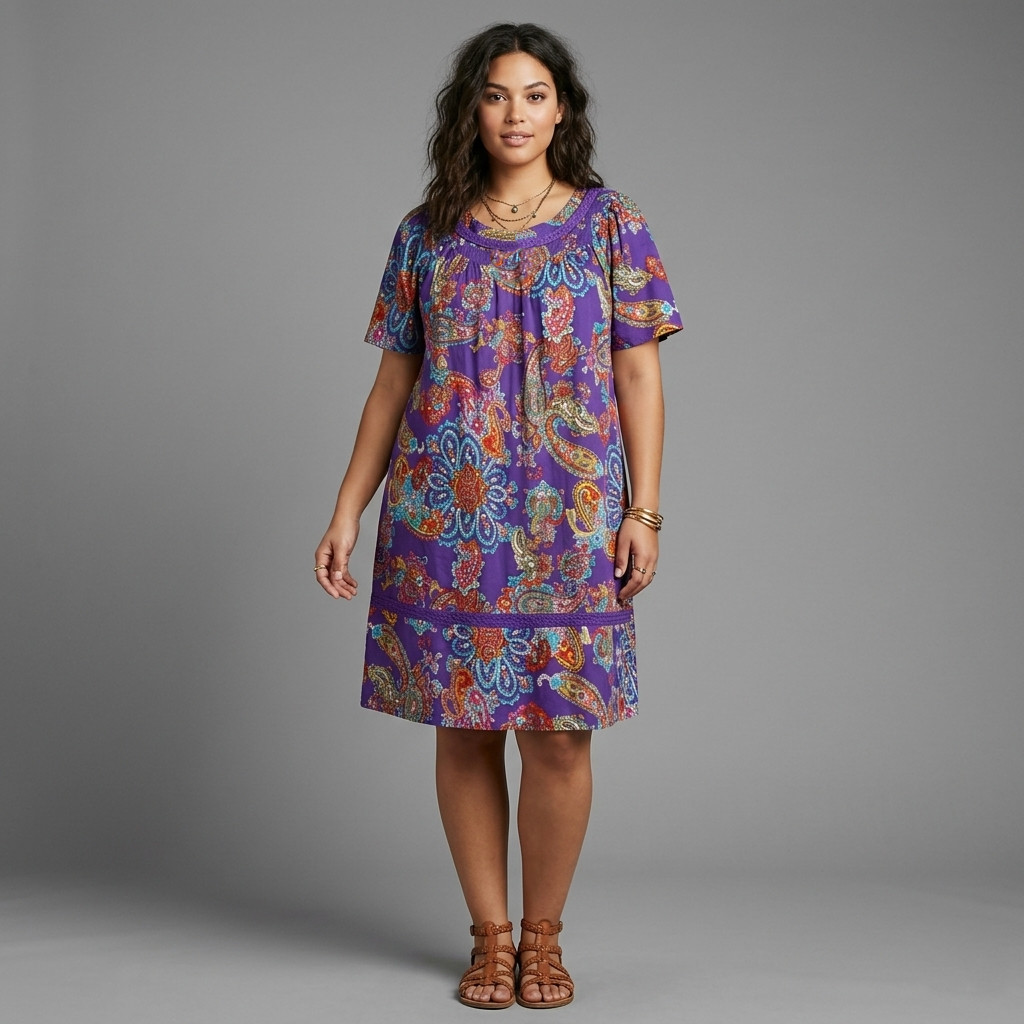 Plus sz 1X Vintage 70s Purple Paisley Hippie Mod Mini Nap Dress w Pockets