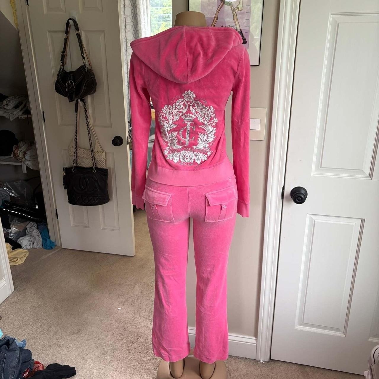 Vintage Juicy Couture Y2K Logo Hot Pink Velour Tracksuit Set 2-piece size S