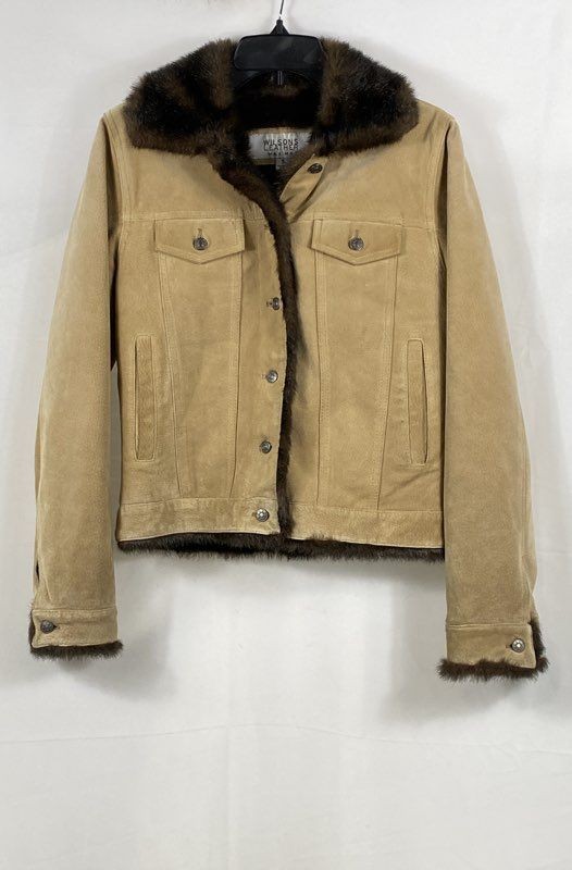 Wilsons Leather Maxima Women’s Tan Suede Faux Fur Trim Jacket Vintage Y2K Sz S