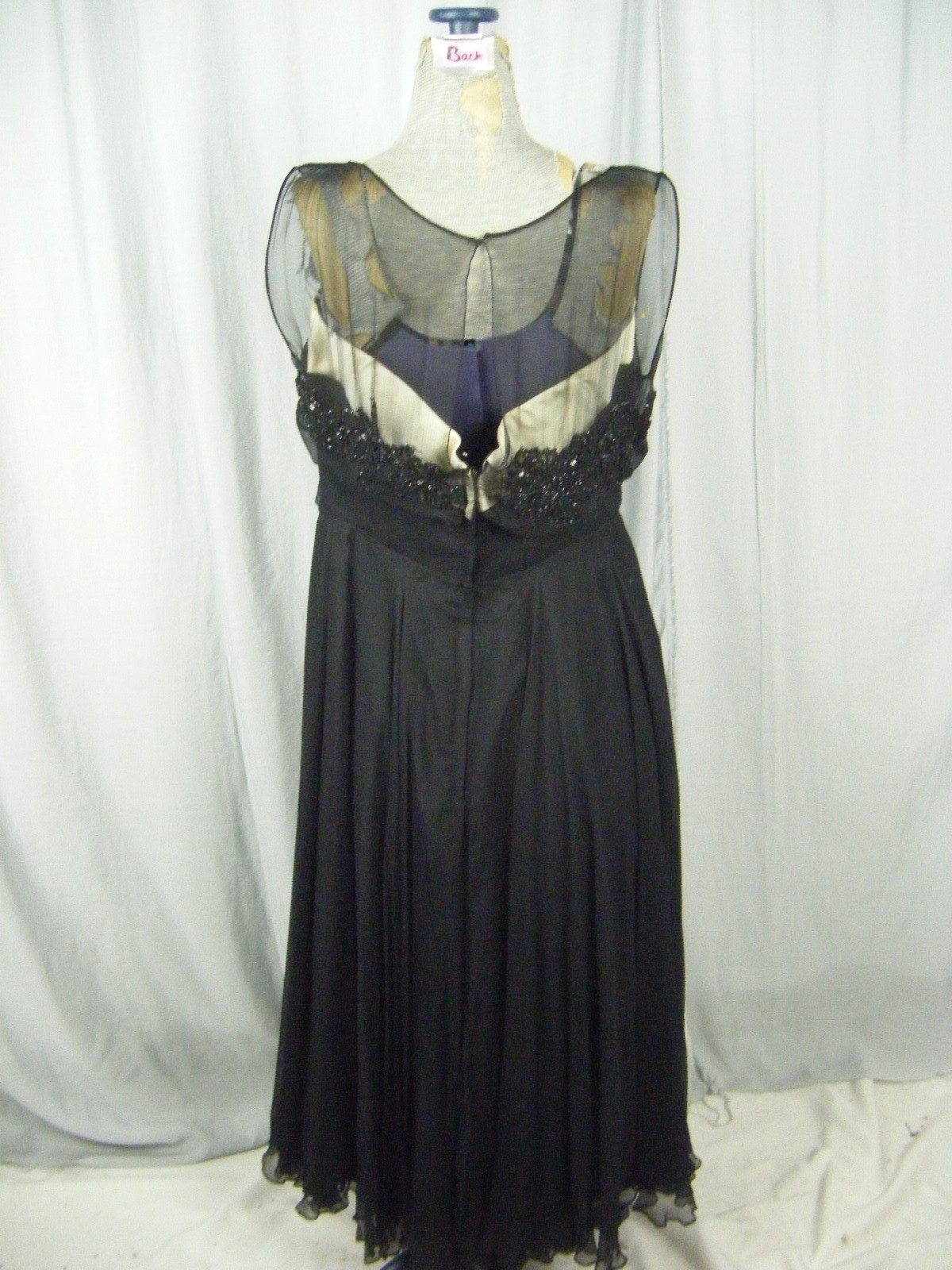 Vtg 50s Illusion Black Chiffon Beaded Ivory Bodice Party Dress-Bust 39/M