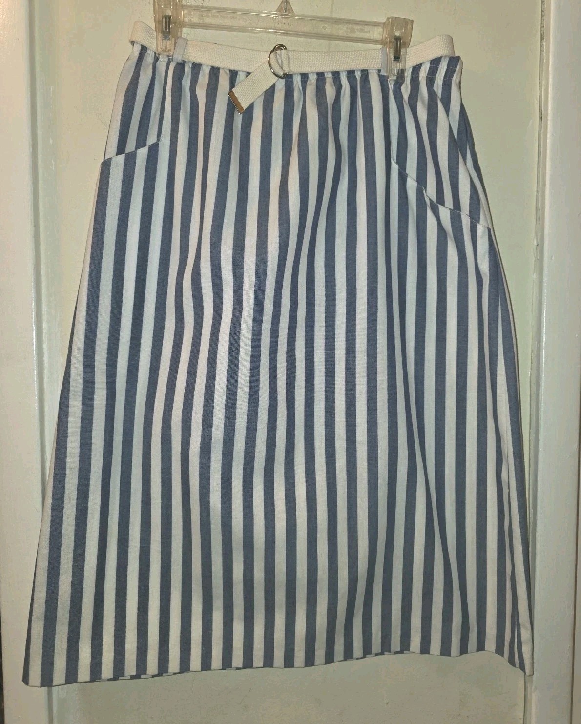 Vintage 80s Kavbarb Usa Made Nautical Striped Skirt Blue White Belted Size 16