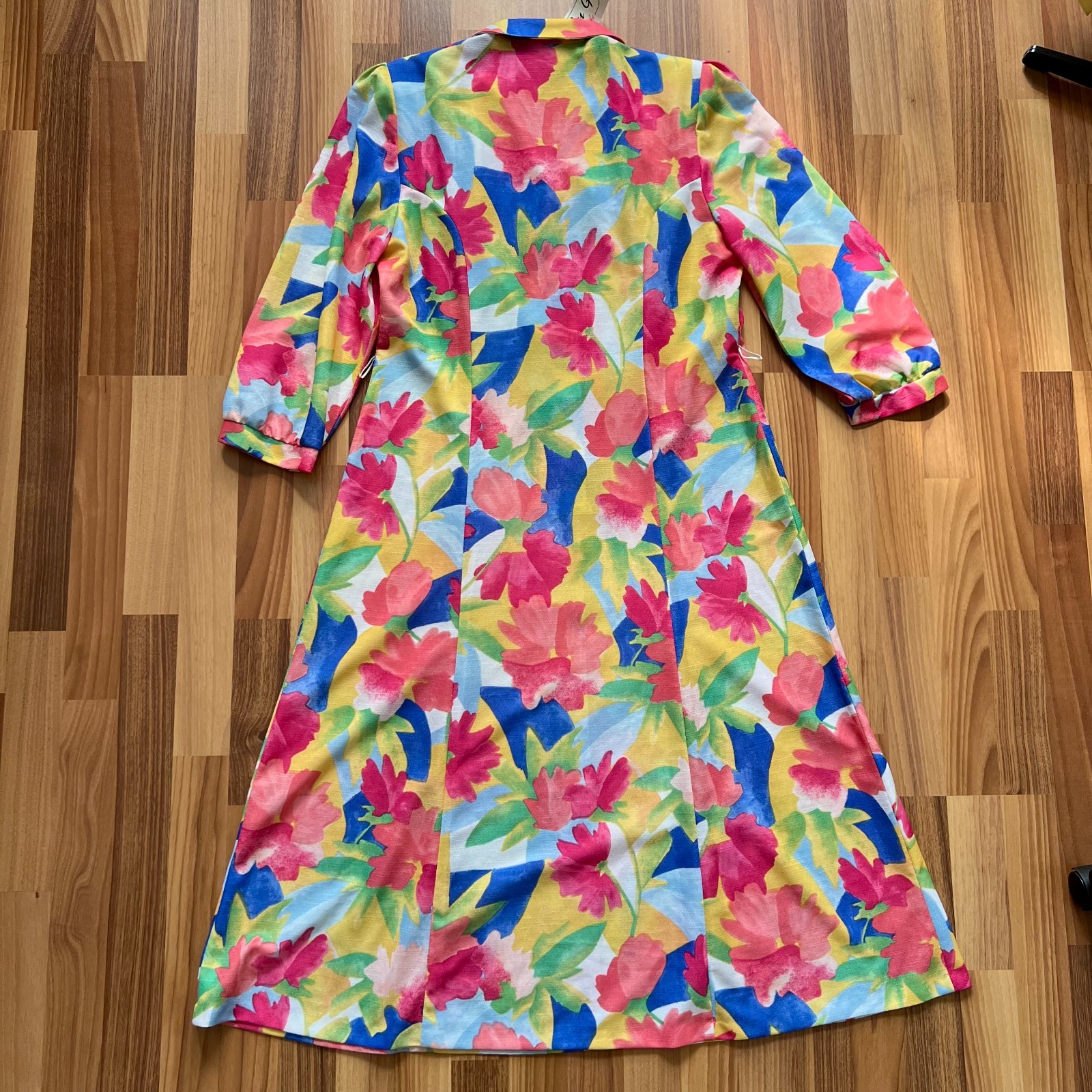 1970s Floral Button Front Midi Dress Belted Long Sleeves Aline Plus Size EU 42