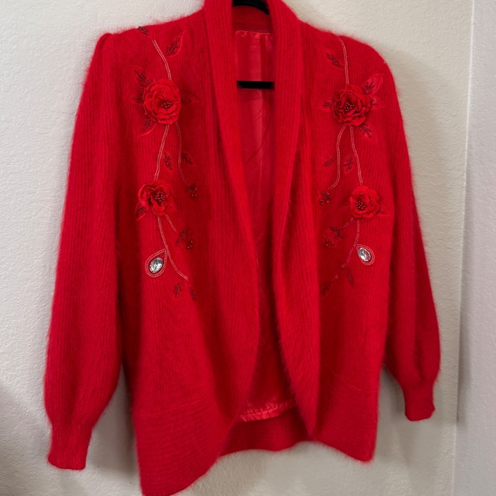 Vintage Red Fuzzy Knit Cardigan 3D Floral Beaded Rhinestone Lined Butter Soft